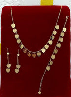 Engraved Rose Heart Motif 3-Piece Jewelry Set (Necklace, Bracelet, Earrings)