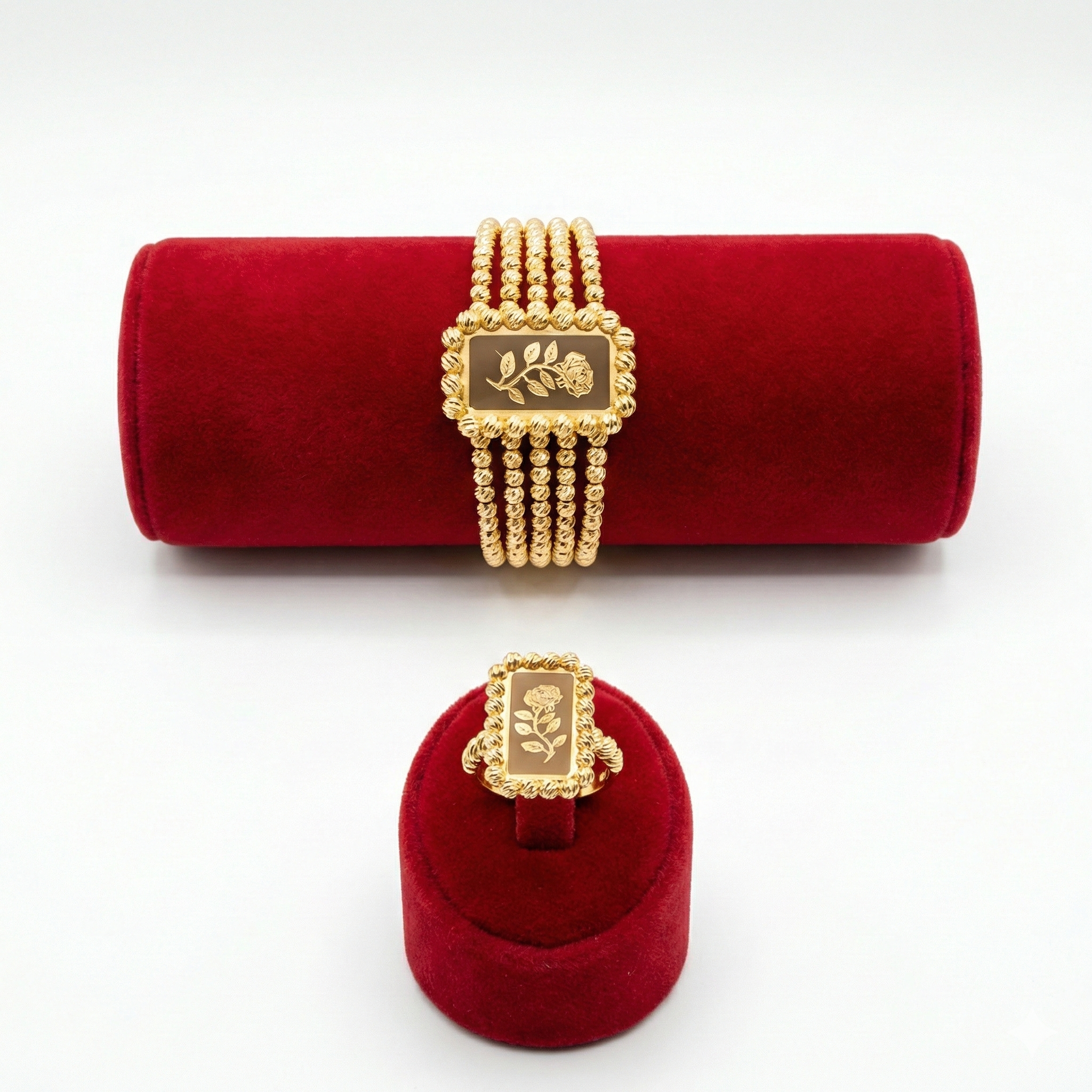 Royal Quadruple-Row Rose Bracelet & Ring Set