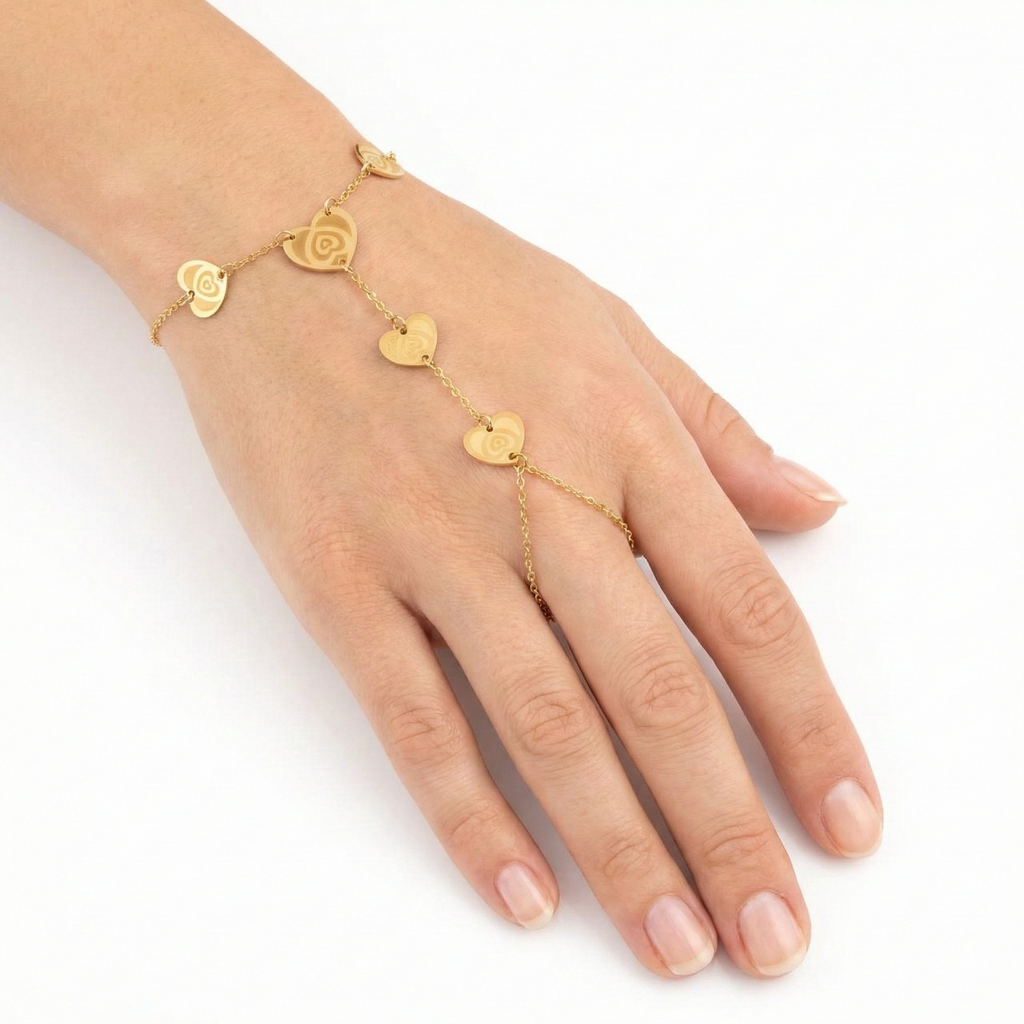 Golden Heart Link Chain Hand Bracelet