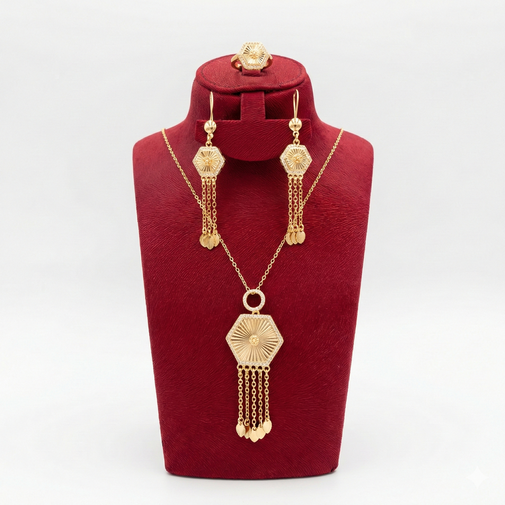Radiant Sunburst Hexagon Tassel 3-Piece Set (Gold Tone)