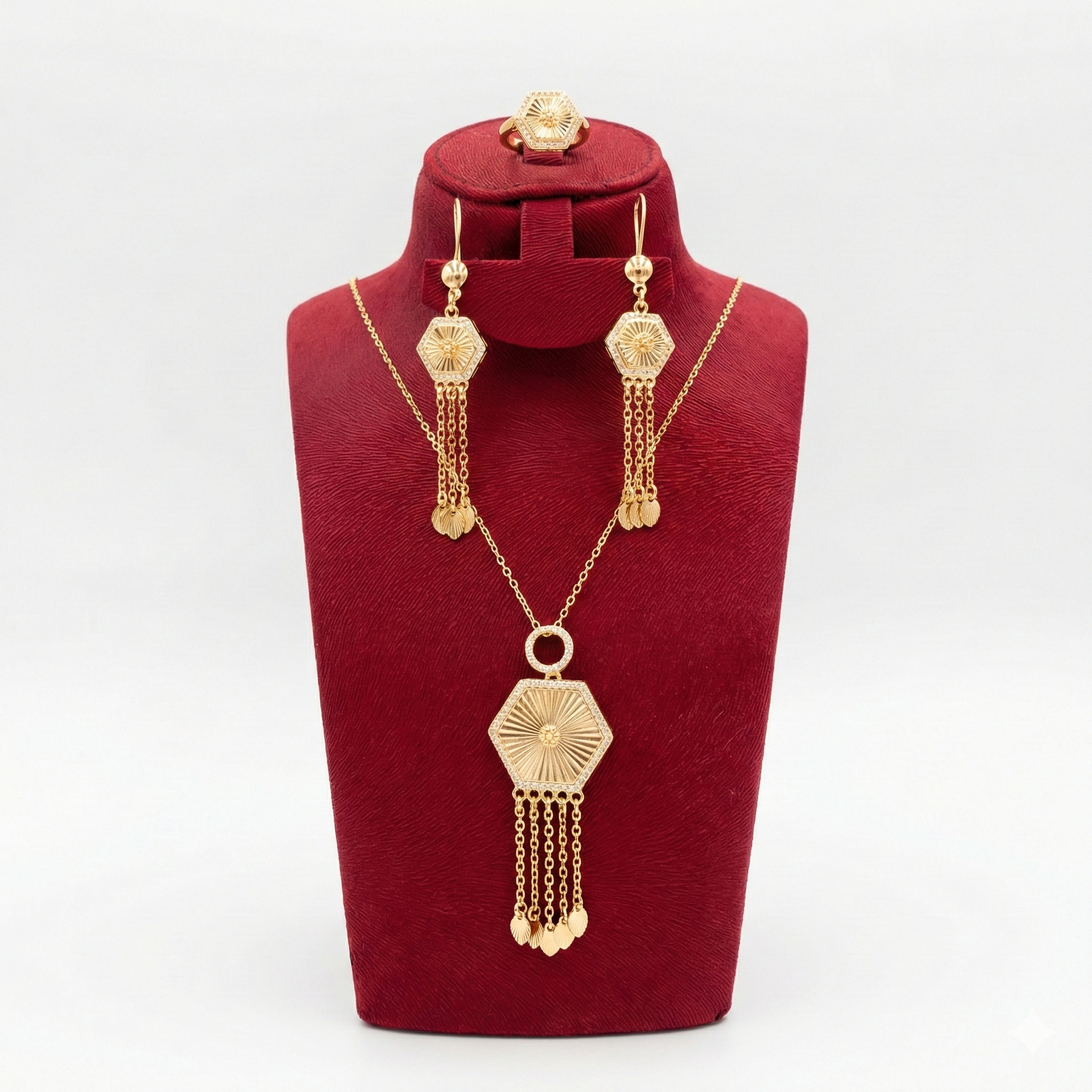 Radiant Sunburst Hexagon Tassel 3-Piece Set (Gold Tone)