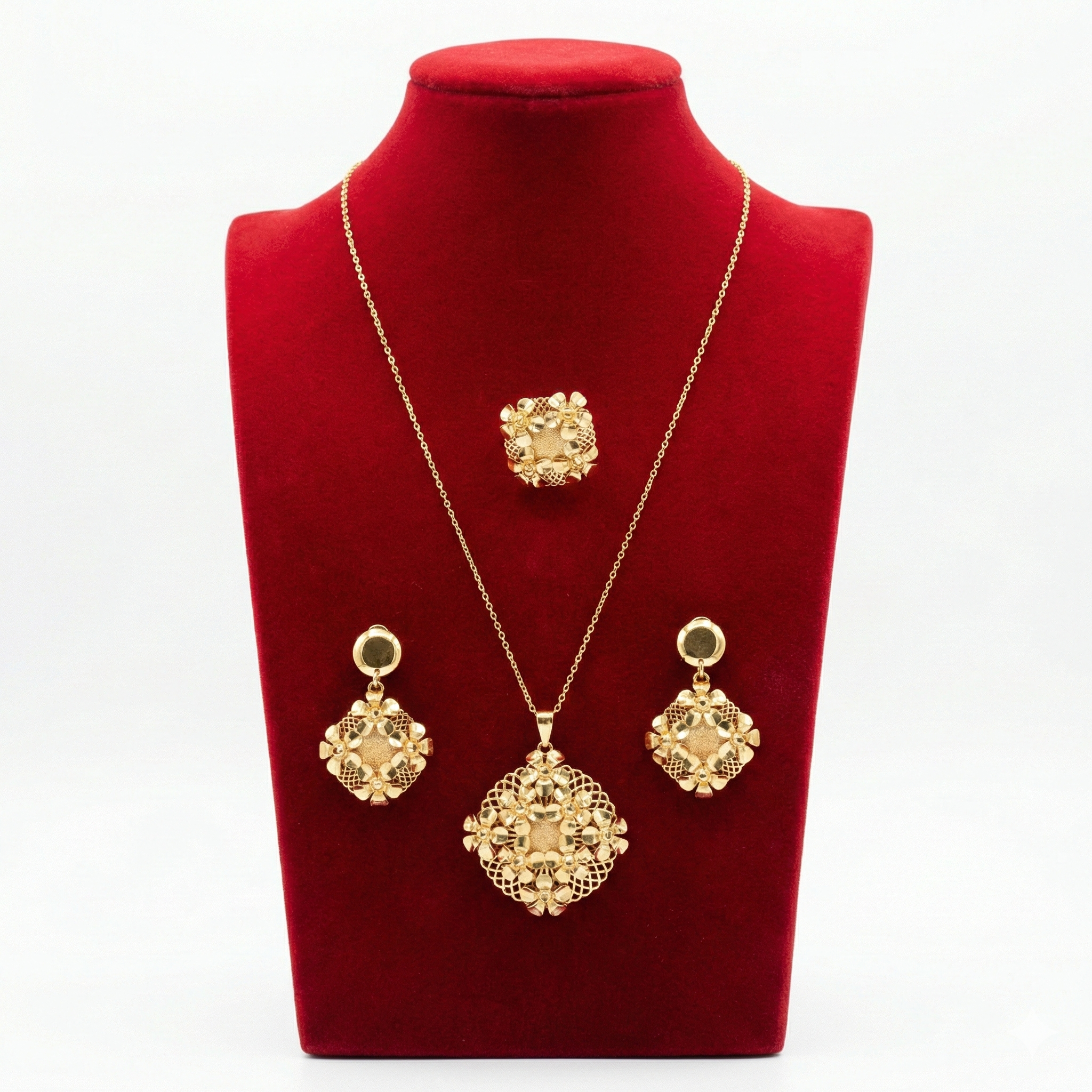Royal Floral Filigree Rhombus 3-Piece Set (Necklace, Earrings, Ring)