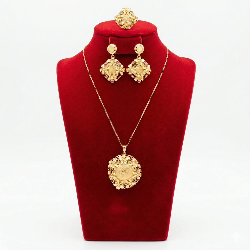 Floral Filigree Round Medallion 3-Piece Set (Necklace, Earrings, Ring)