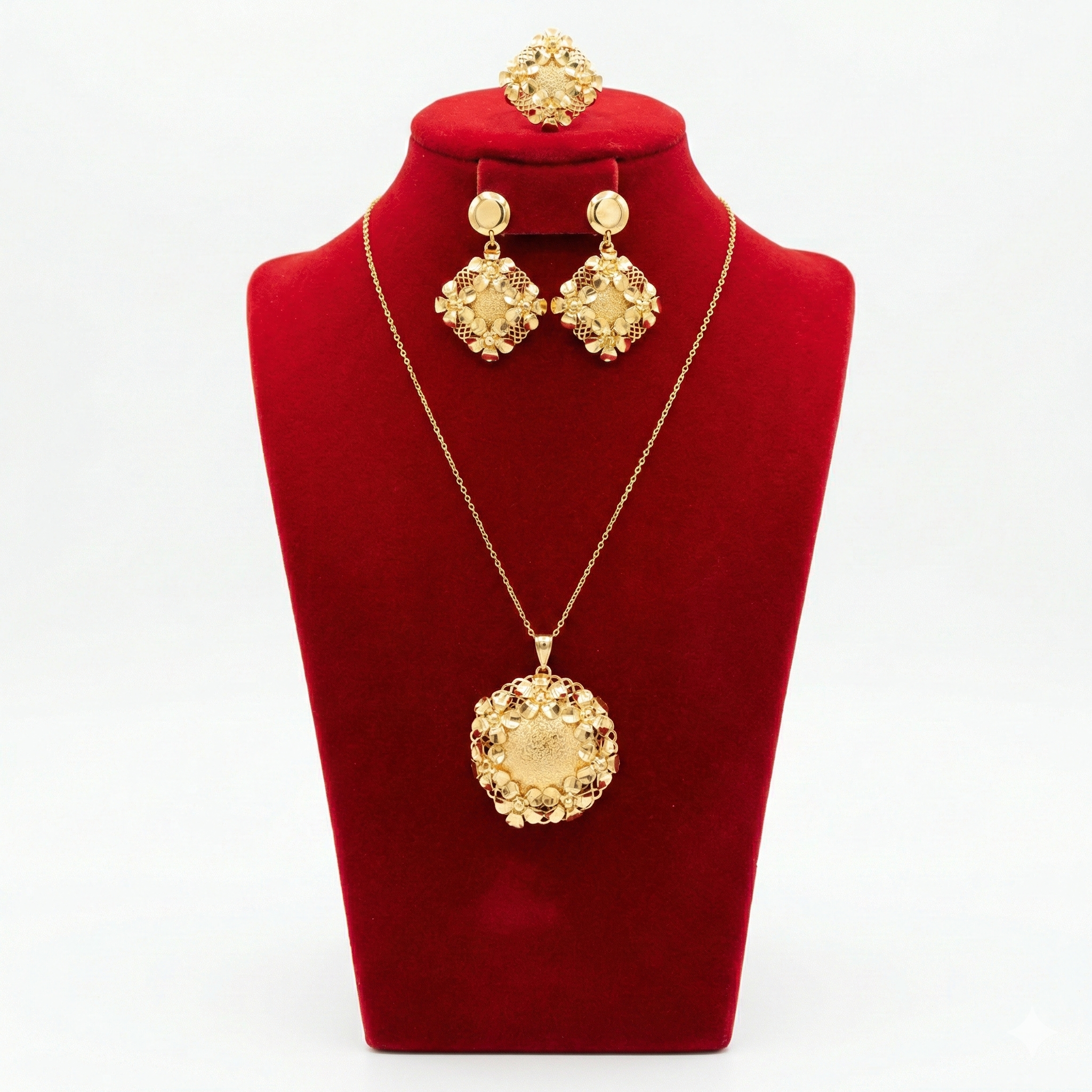 Floral Filigree Round Medallion 3-Piece Set (Necklace, Earrings, Ring)