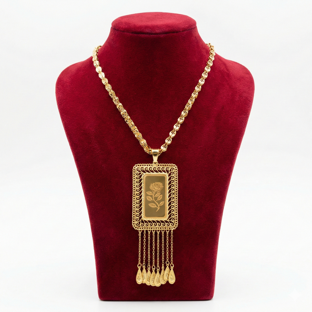 Royal Rectangular Rose Filigree Long Necklace