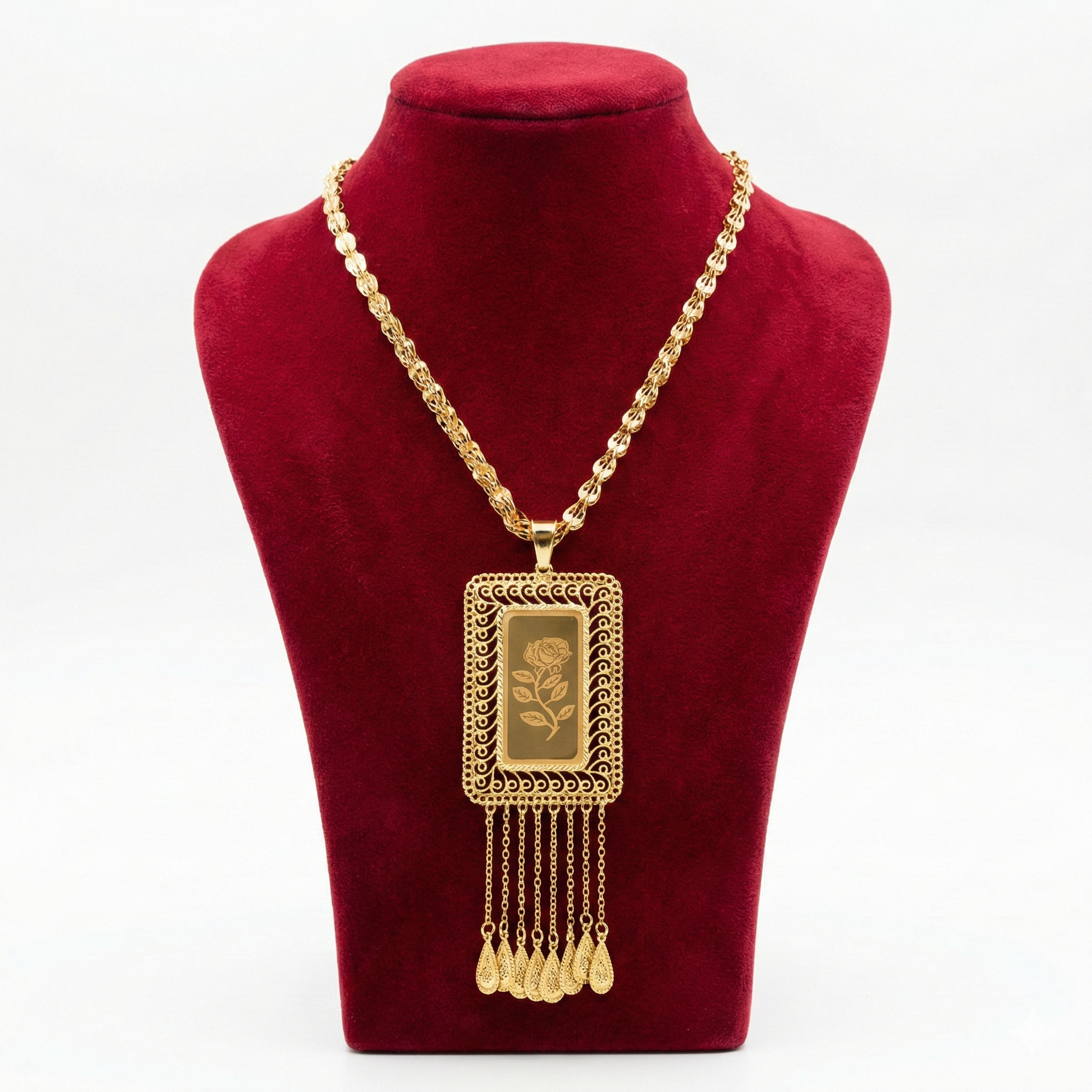 Royal Rectangular Rose Filigree Long Necklace