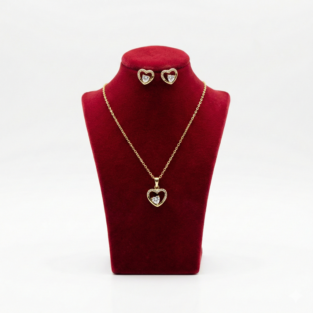 Sparkling Open-Heart Solitaire Crystal Set (Gold Tone)