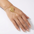 Golden Textured Leaf Chain Hand Bracelet