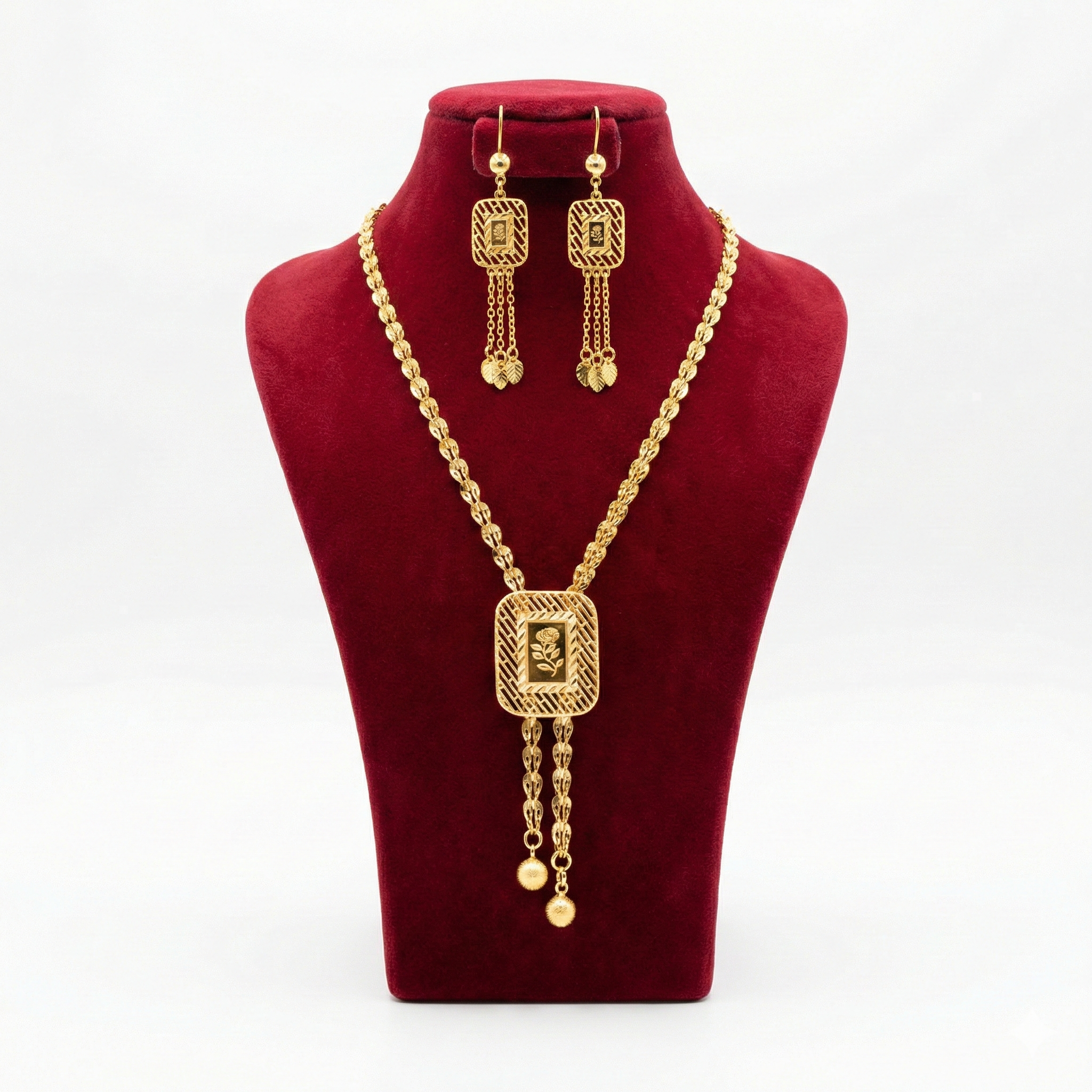 Royal Rectangular Rose Long Necklace Set