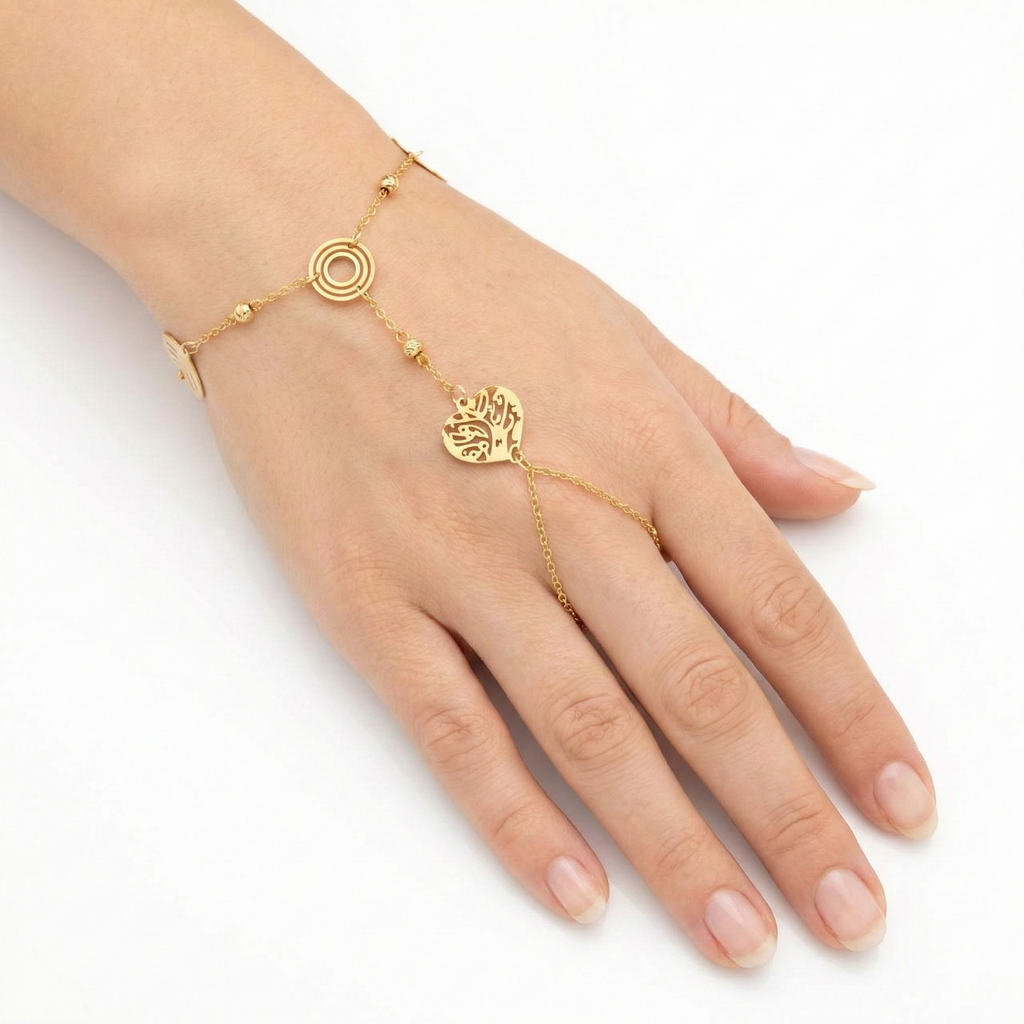 Golden Filigree Heart Chain Hand Bracelet
