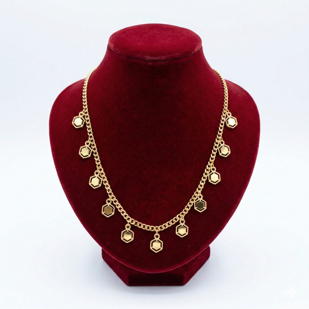 Geometric Hexagon Charm Necklace (Gold Curb Chain)