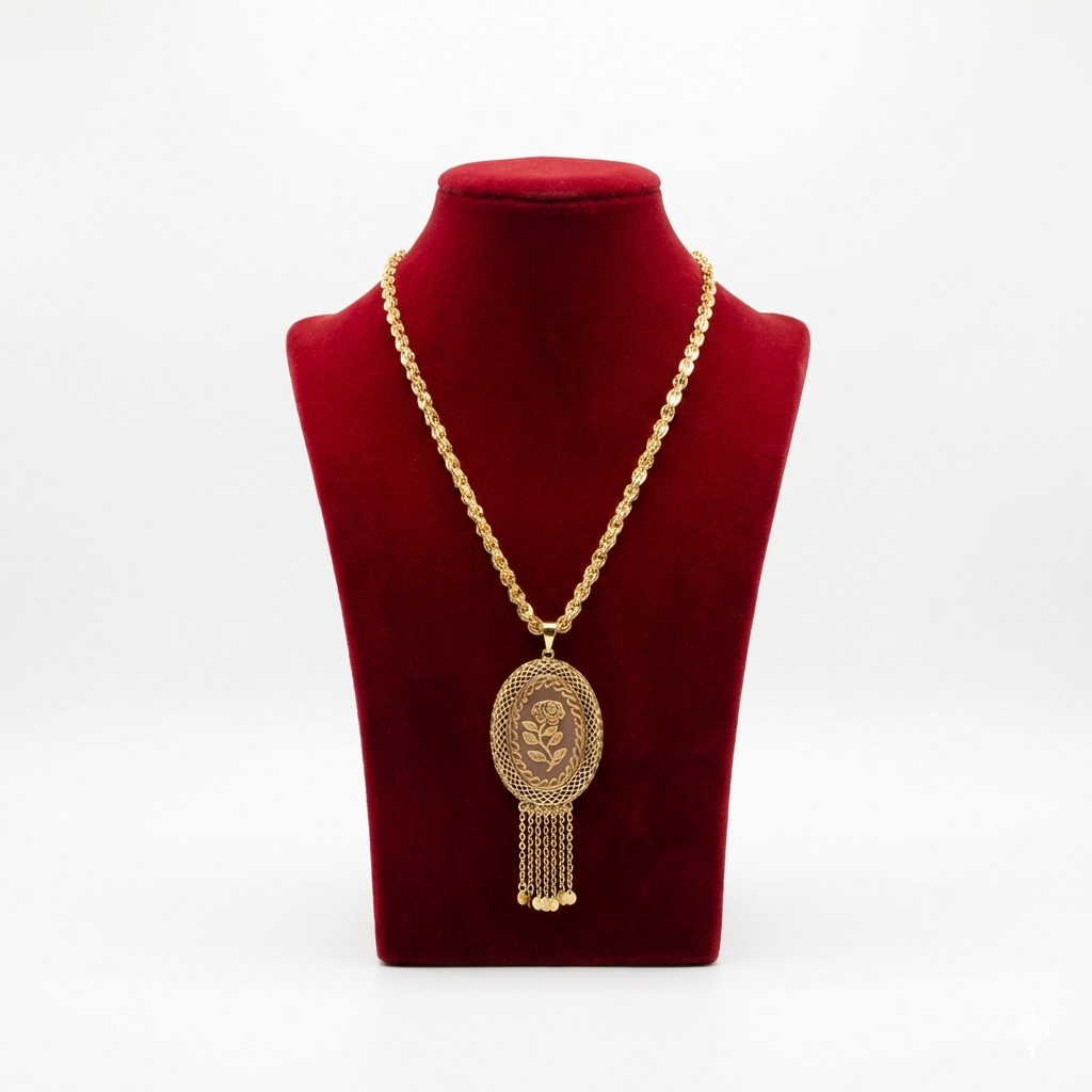 Royal Oval Rose Scroll Filigree Long Necklace
