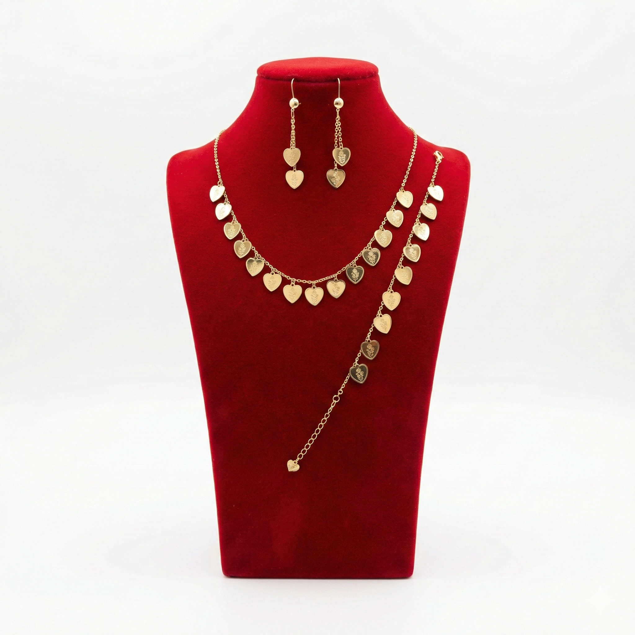 Engraved Rose Heart Motif 3-Piece Jewelry Set (Necklace, Bracelet, Earrings)