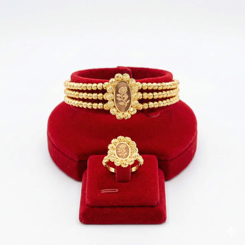 Royal Triple-Row Oval Rose Bracelet & Ring Set