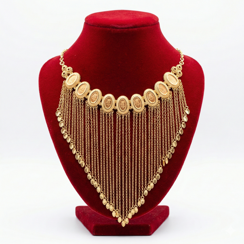 Royal Golden Rose Cameo Fringe Bib Necklace