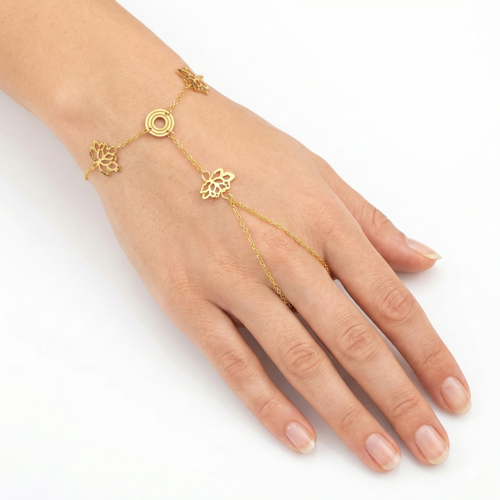 Golden Lotus Filigree Chain Hand Bracelet