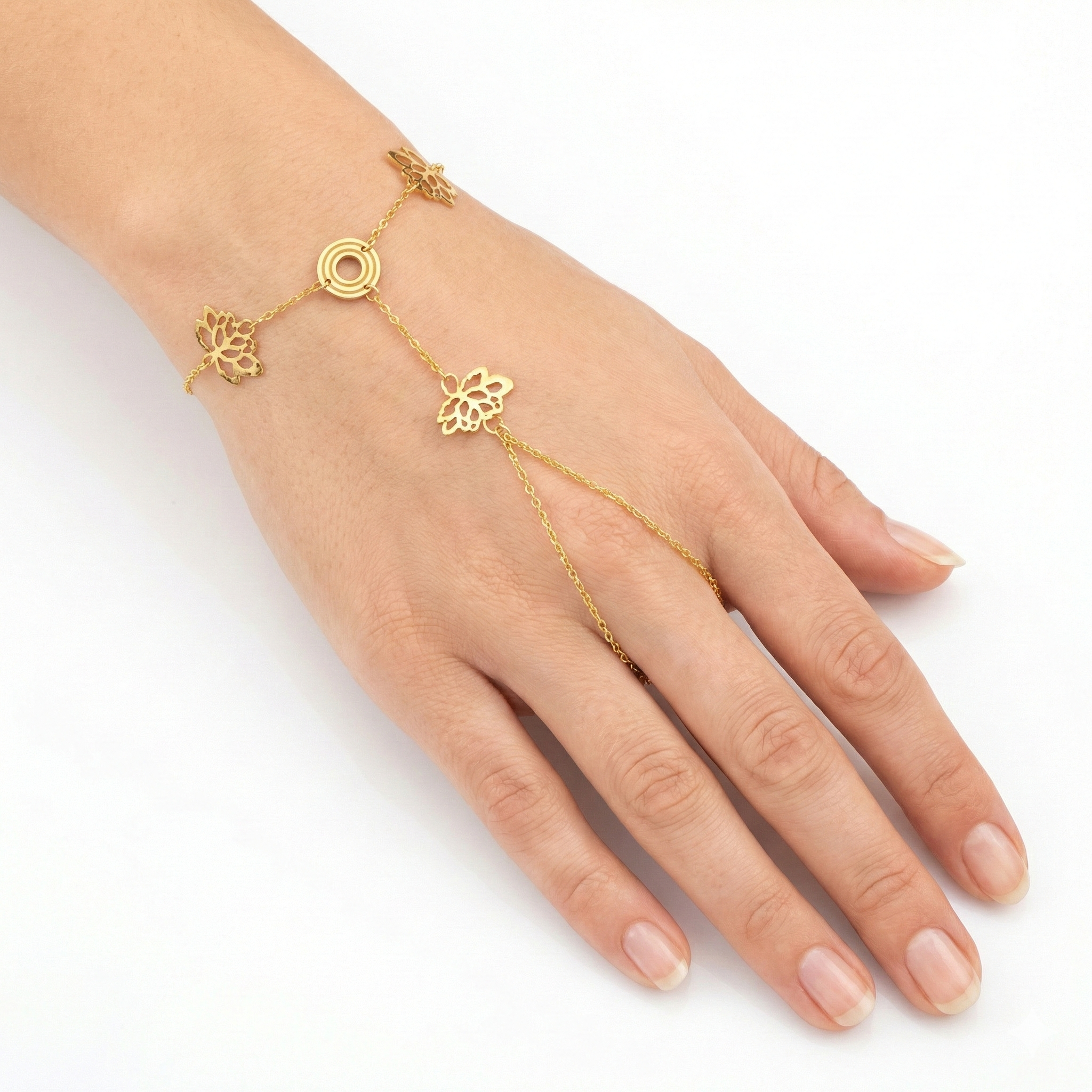 Golden Lotus Filigree Chain Hand Bracelet