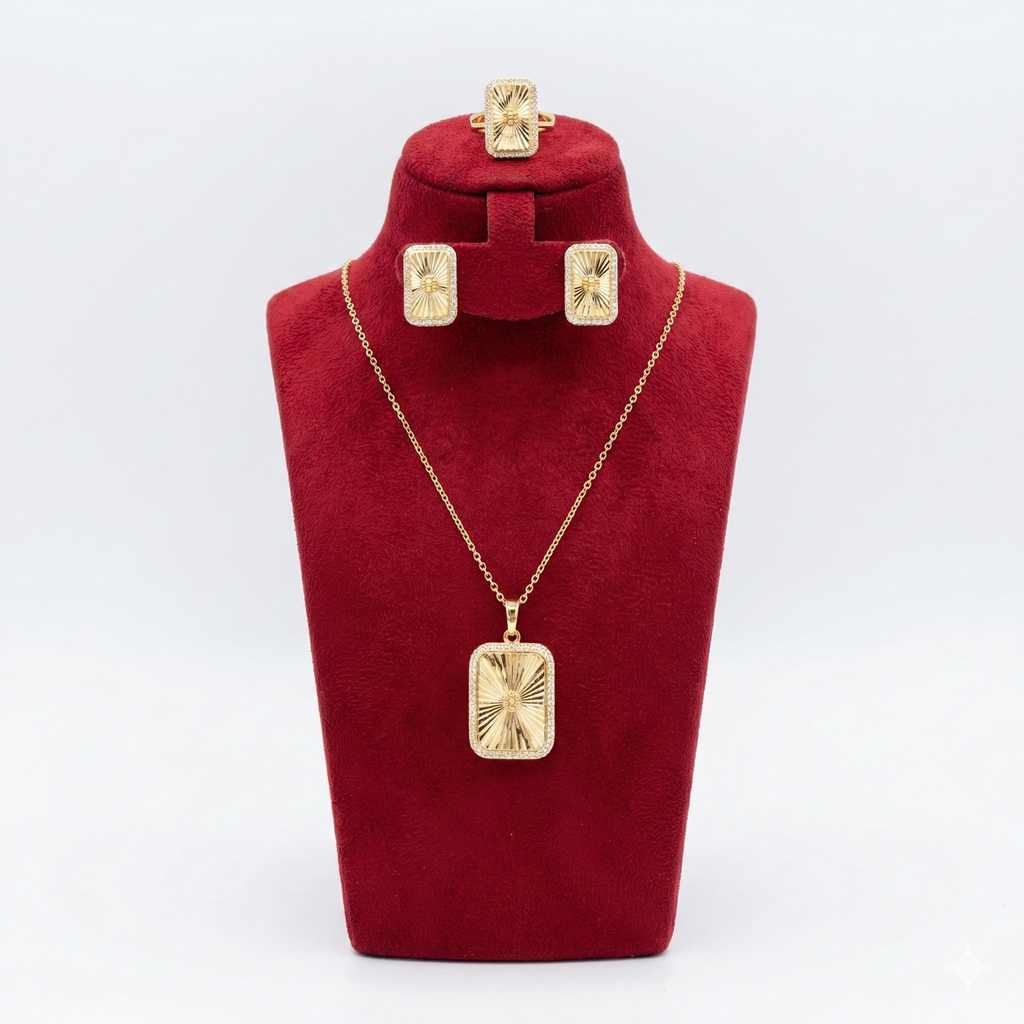 Radiant Sunburst Rectangular Halo 3-Piece Set (Gold Tone)
