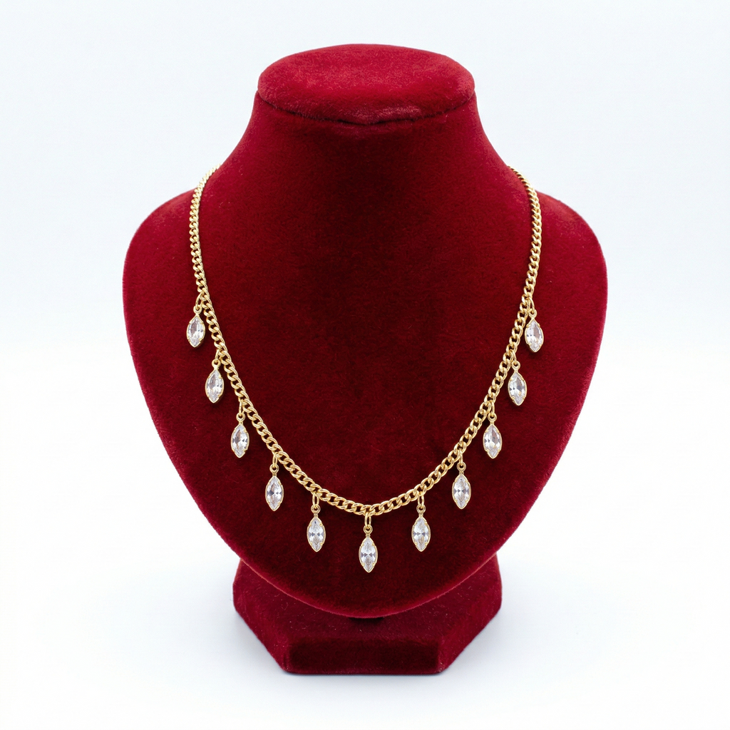Marquise-Cut Solitaire Crystal Drop Necklace (Gold Curb Chain)
