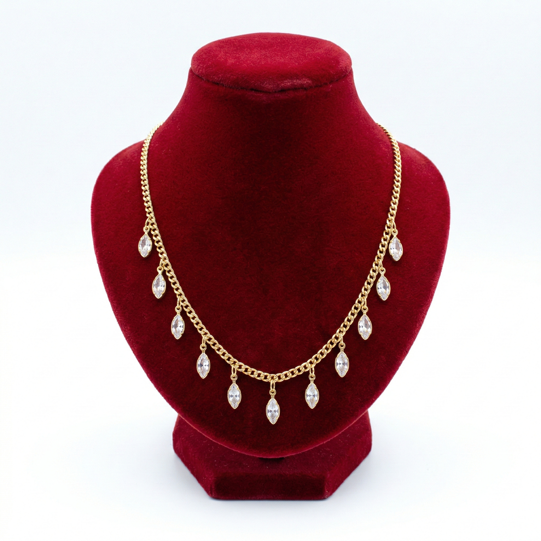 Marquise-Cut Solitaire Crystal Drop Necklace (Gold Curb Chain)
