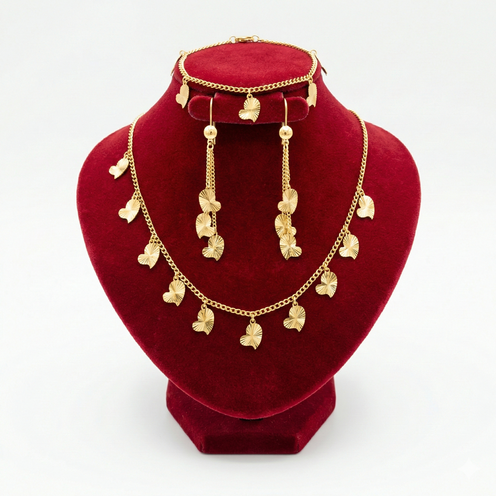 Golden Textured Heart Charm 3-Piece Jewelry Set