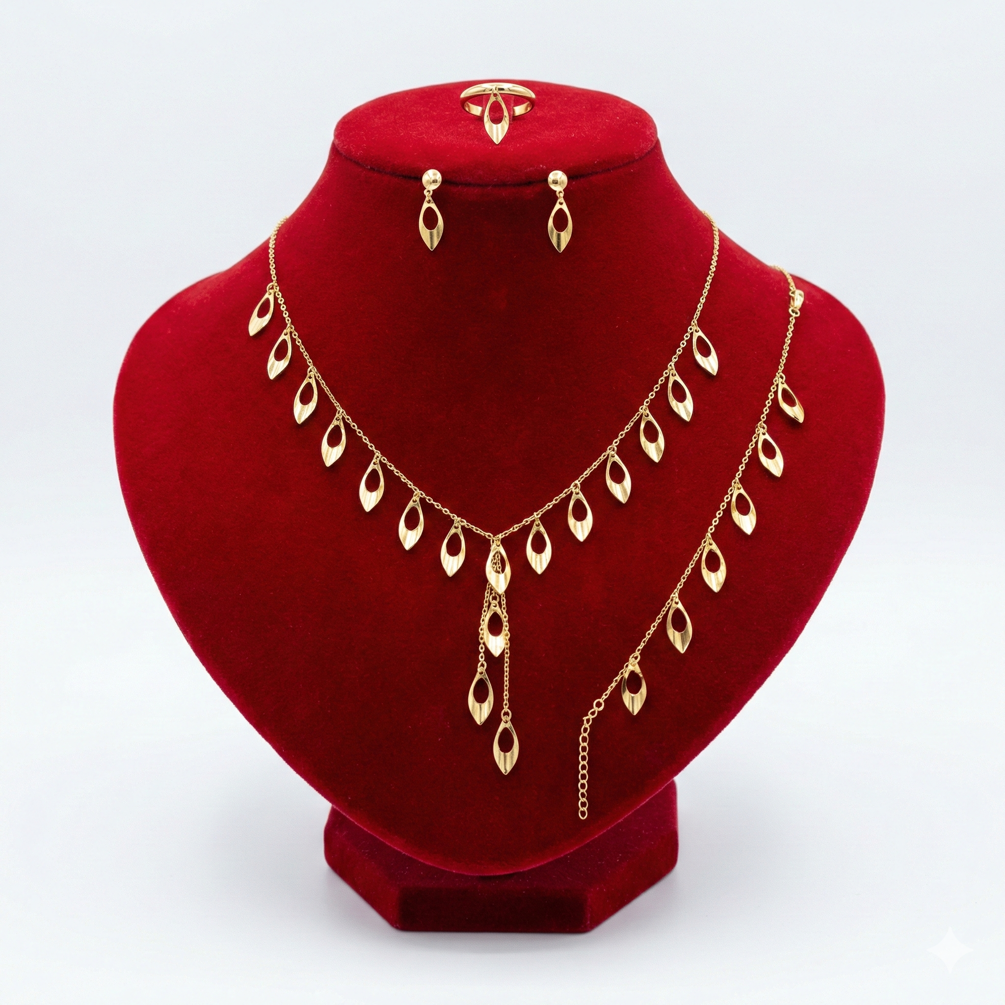 Golden Leaf Motif 4-Piece Jewelry Set (Necklace, Bracelet, Ring, Earrings)