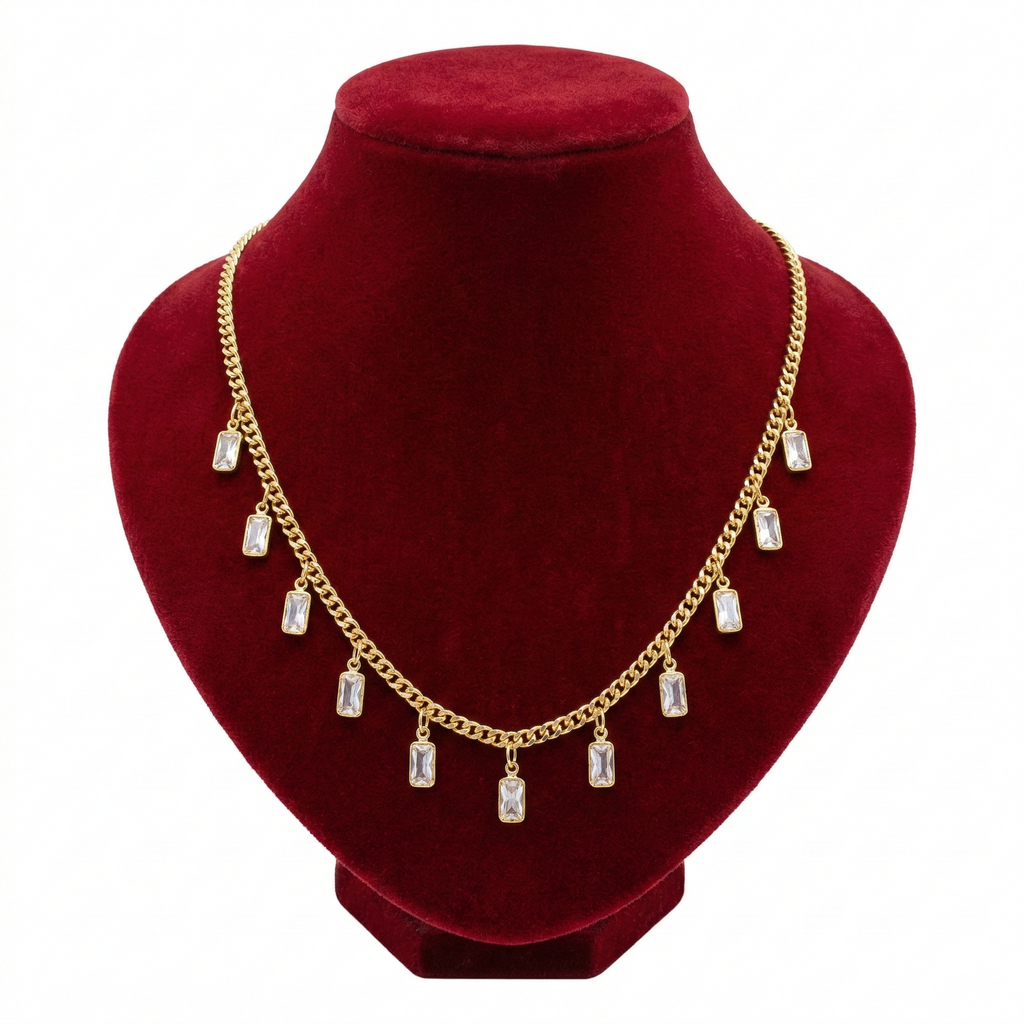 Emerald-Cut Solitaire Crystal Drop Necklace (Gold Curb Chain)