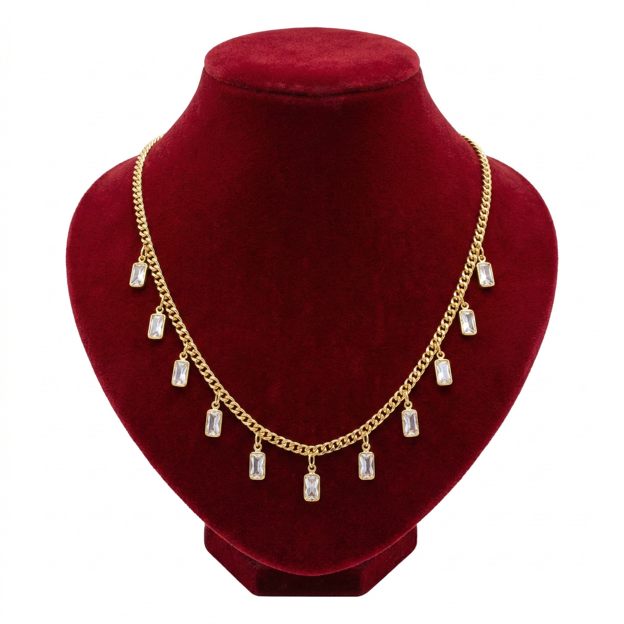 Emerald-Cut Solitaire Crystal Drop Necklace (Gold Curb Chain)