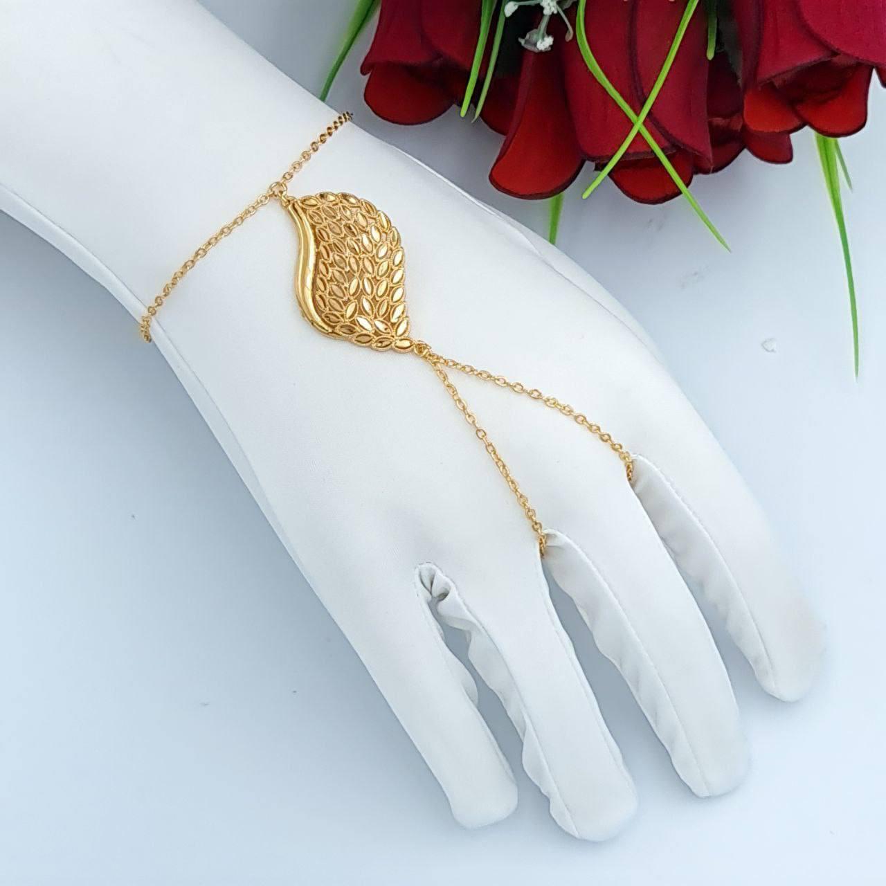 Golden Textured Leaf Chain Hand Bracelet