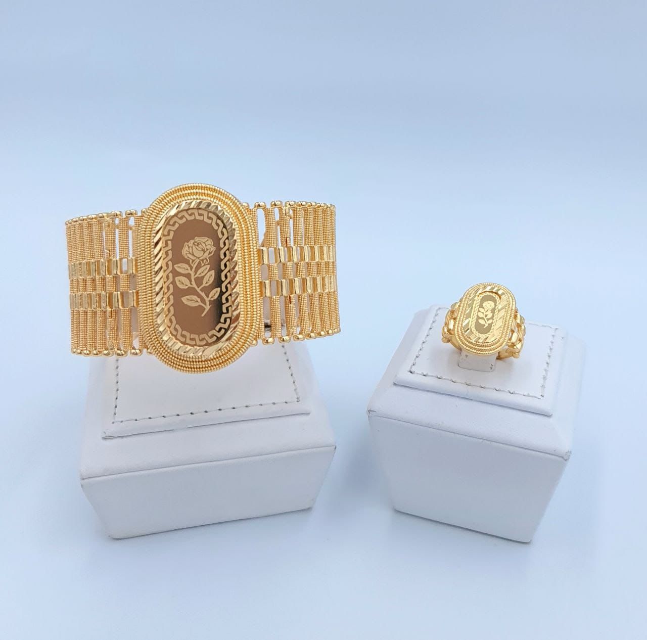 Royal Wide Rose Cuff Bracelet & Ring Set