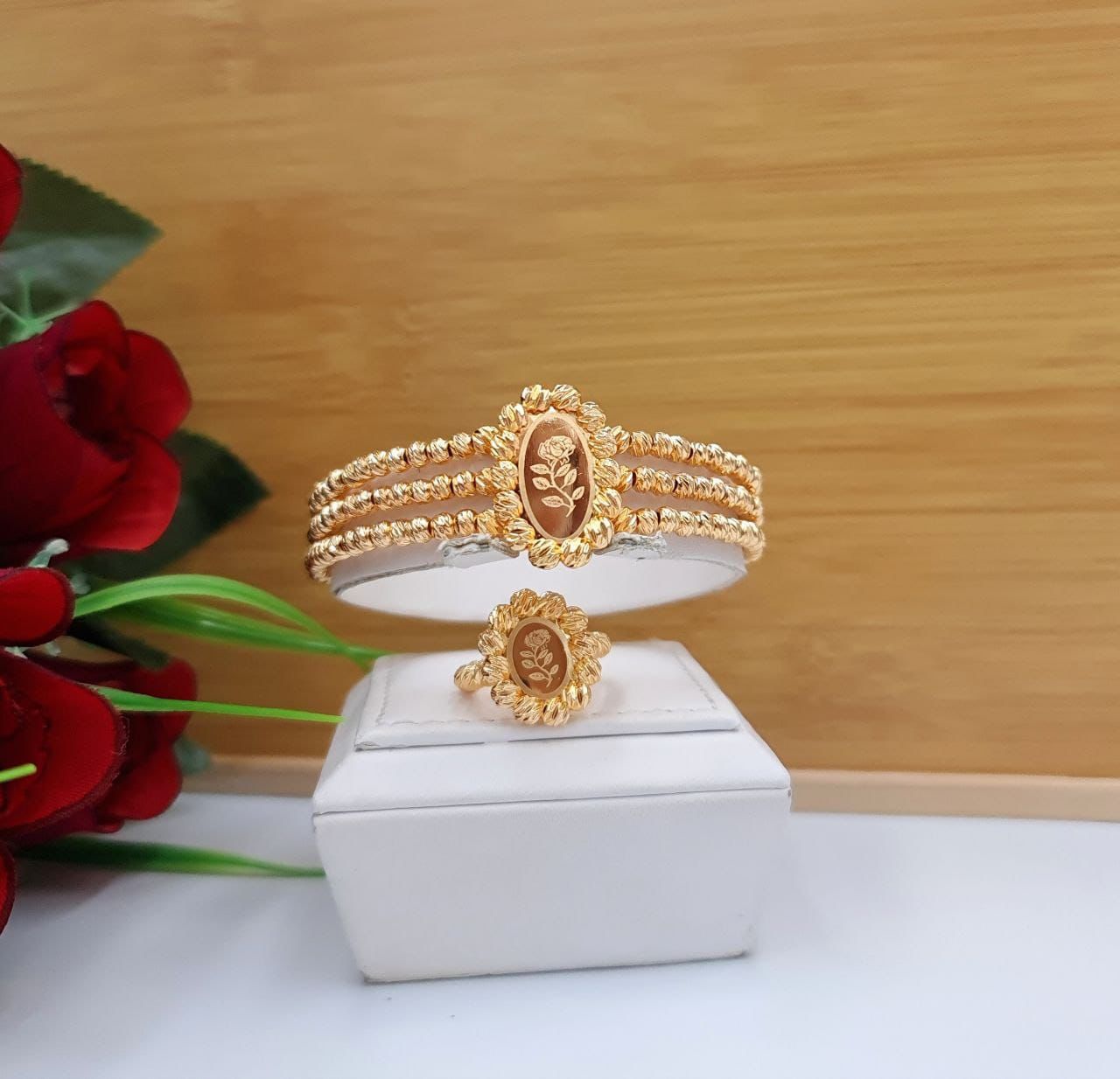 Royal Triple-Row Oval Rose Bracelet & Ring Set
