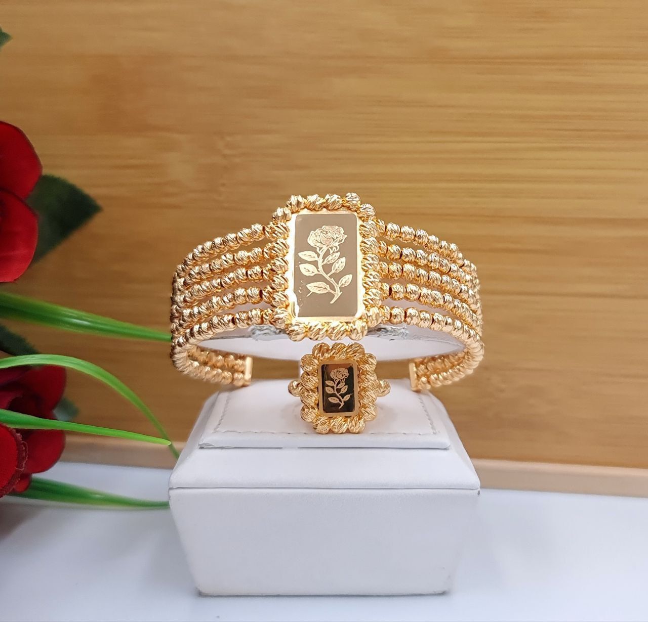 Royal Quadruple-Row Rose Bracelet & Ring Set