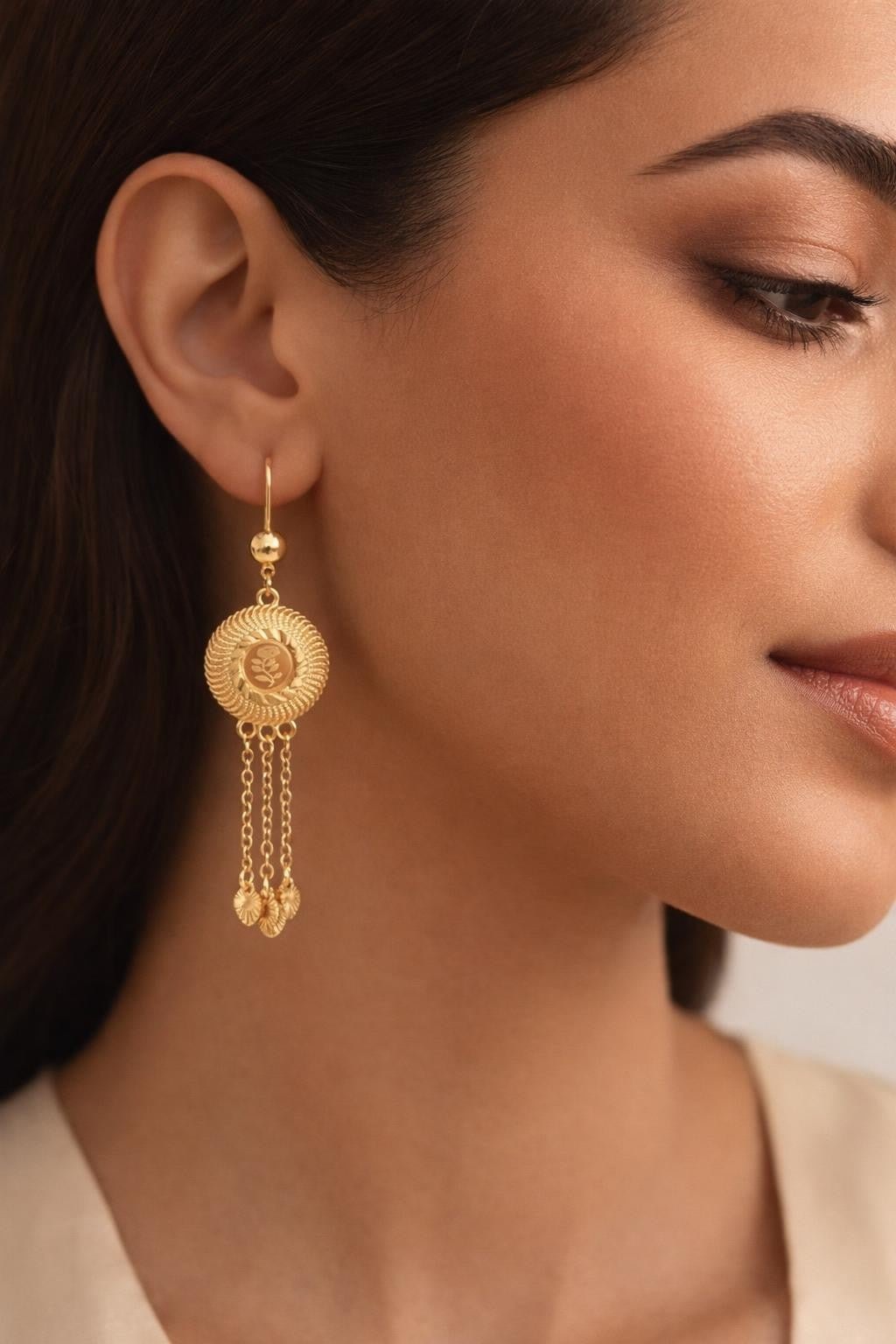 Textured Medallion Rose Tassel Earrings
