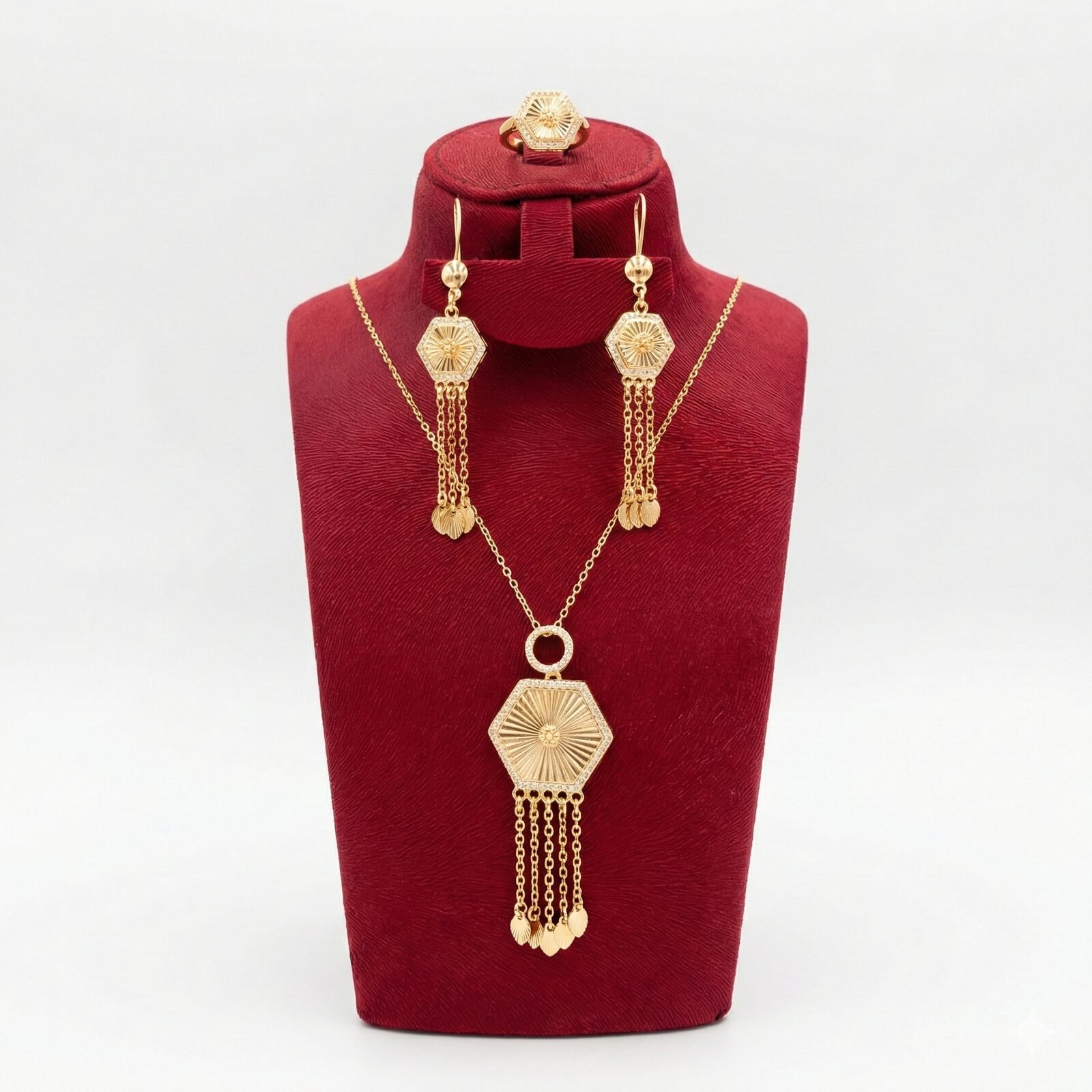 Radiant Sunburst Hexagon Tassel 3-Piece Set (Gold Tone)