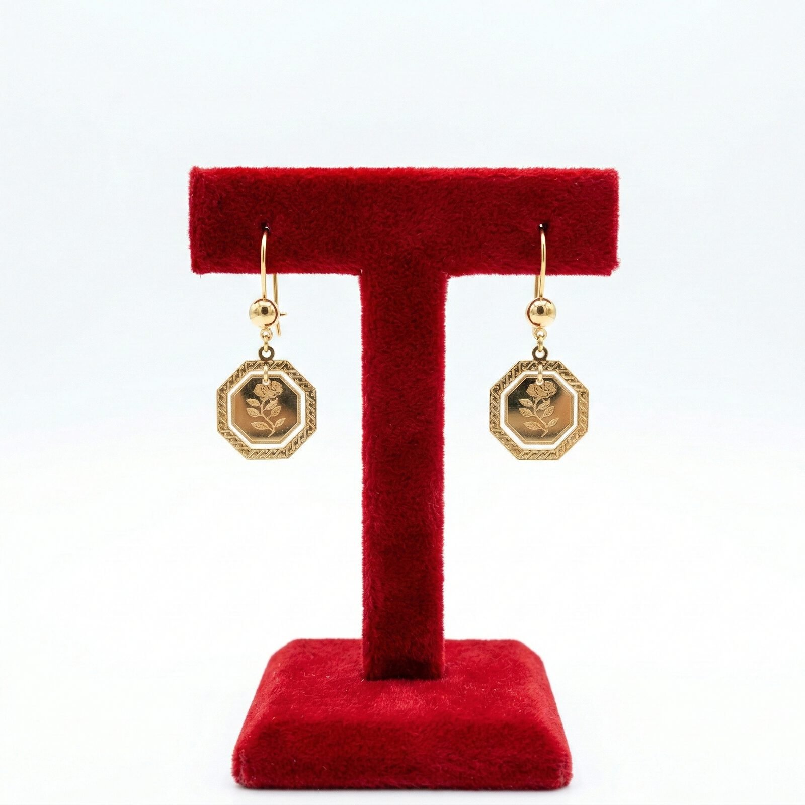 Octagonal Vintage Rose Drop Earrings - Image 2