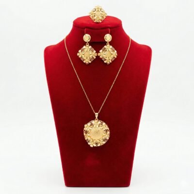 Floral Filigree Round Medallion 3-Piece Set (Necklace, Earrings, Ring)