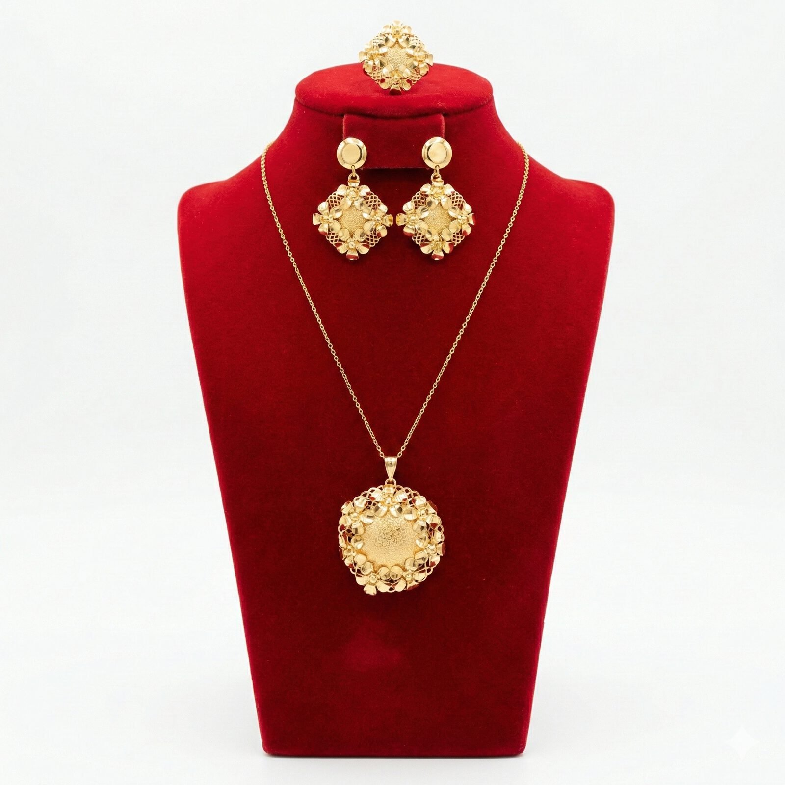 Floral Filigree Round Medallion 3-Piece Set (Necklace, Earrings, Ring)
