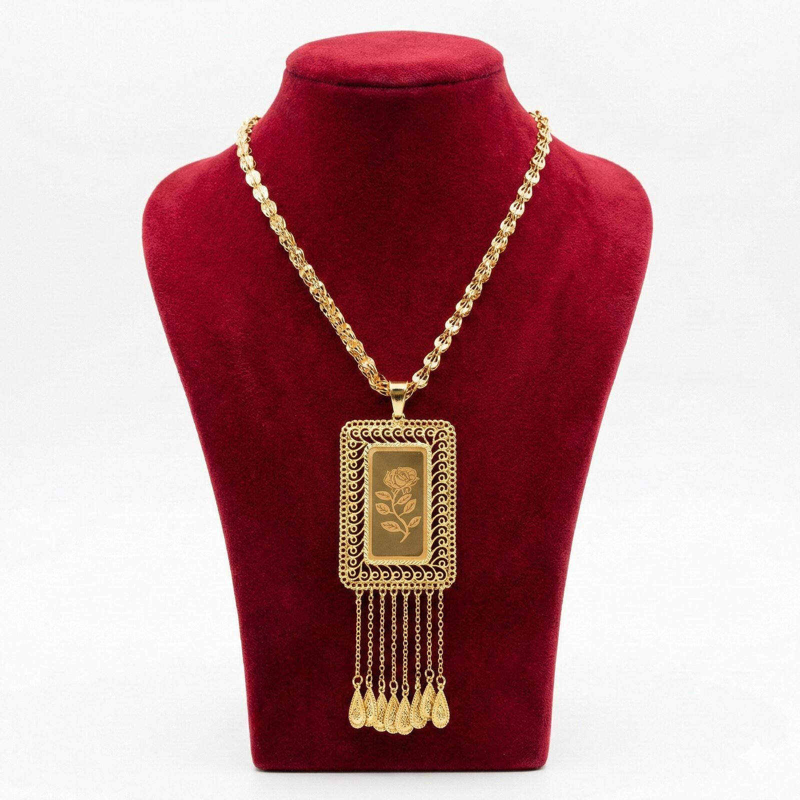 Royal Rectangular Rose Filigree Long Necklace