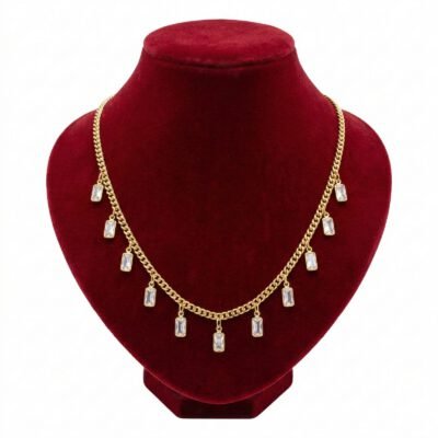 Emerald-Cut Solitaire Crystal Drop Necklace (Gold Curb Chain)
